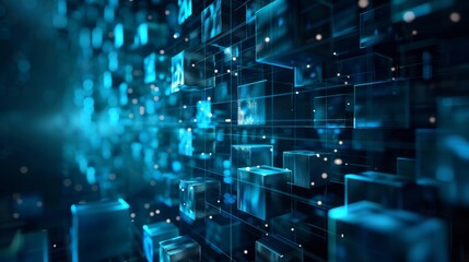 Futuristic blue digital geometric technology cube background banner illustration 3D - Glowing blue shape texture wall hyper realistic 