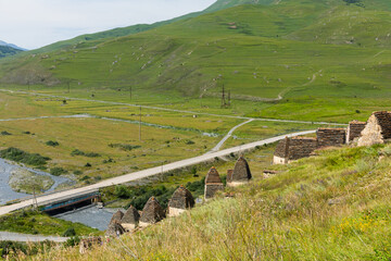 Russia, North Ossetia, Alania - July 29 2023: Ancient Dargavs Village City of the Dead. North Ossetia Alania Republic, Russia. Ancient Alanian necropolis