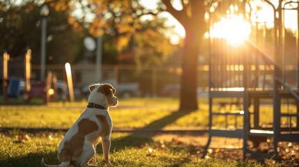 A dog sits facing away from the camera, watching a sunset in a park with playground equipment in the background