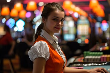Portrait of a cheerful female casino employee with gaming tables in the background