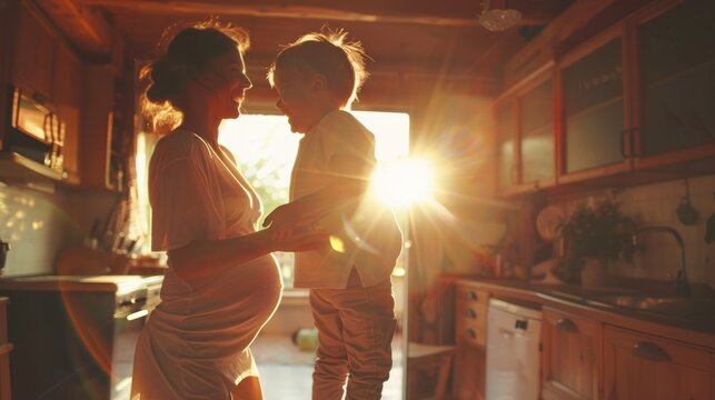 Happy family, pregnant woman with boy child and in kitchen at their home with lens flare. Mother with love or care, mother and cheerful parent with son bonding with dance in their house together - Powered by Adobe