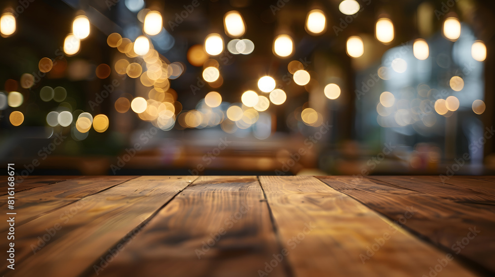 Poster empty wooden table top with lights bokeh on blur restaurant background : generative ai