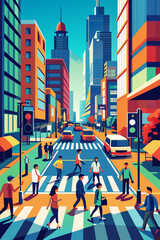 Vibrant City Life: Pedestrians Crossing Busy Urban Intersection