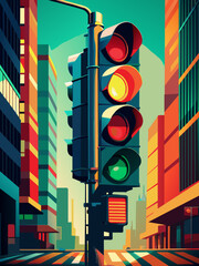 Vibrant Urban Traffic Light on City Street Illustration