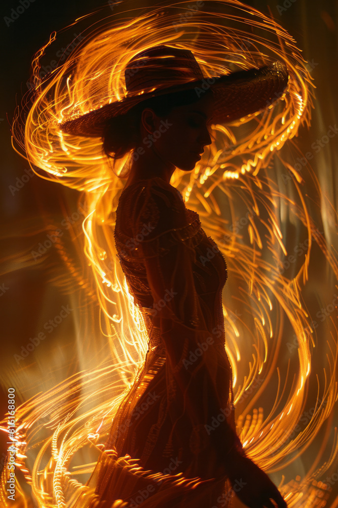 Poster dynamic image of a salsa dancer spinning, with their shadow twisting into fiery, ribbon-like forms,