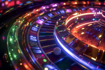 Closeup shot capturing the dynamic, colorful lights and motion of a casino roulette wheel