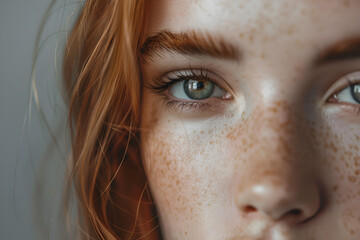 Inclusive Beauty. Girl with freckles standing isolated on grey looking camera concentrated eye close-up close-up