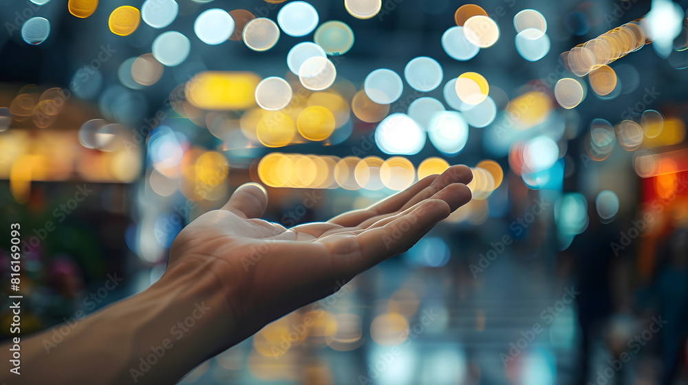Aufkleber Man hand with abstract blurred image of department store background : Generative AI