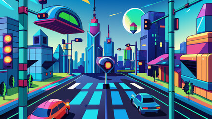 Vibrant Futuristic Cityscape with Neon Colors and Advanced Transportation