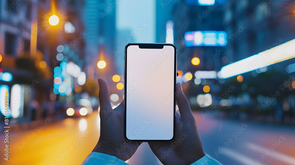 Aufkleber phone with a screen in the hands on the background of the city : generative ai