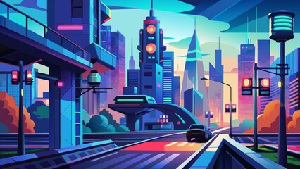 Naklejka premium Vibrant Cyberpunk Cityscape with Futuristic Skyline at Sunset