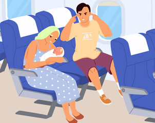 Airplane passenger problem scene with crying baby in mom hands and upset man feeling irritation suffering from loud noise vector illustration