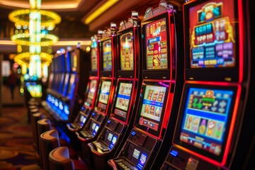 Colorful slot machines in a casino, capturing the excitement of gaming with bright, glowing lights