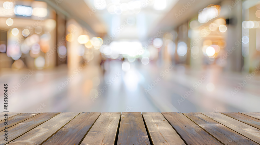 Poster wooden board empty table in front of blurred background perspective light wood table over blur in sh