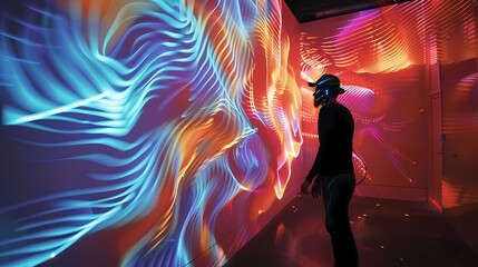 Silhouette of a man in a virtual reality headset against a colorful background, Generative AI illustrations.
