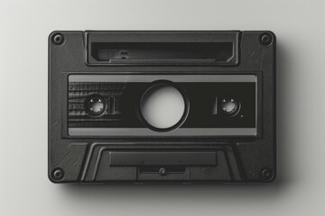 Obraz premium Top view of a retro black cassette tape centered on a clean white surface