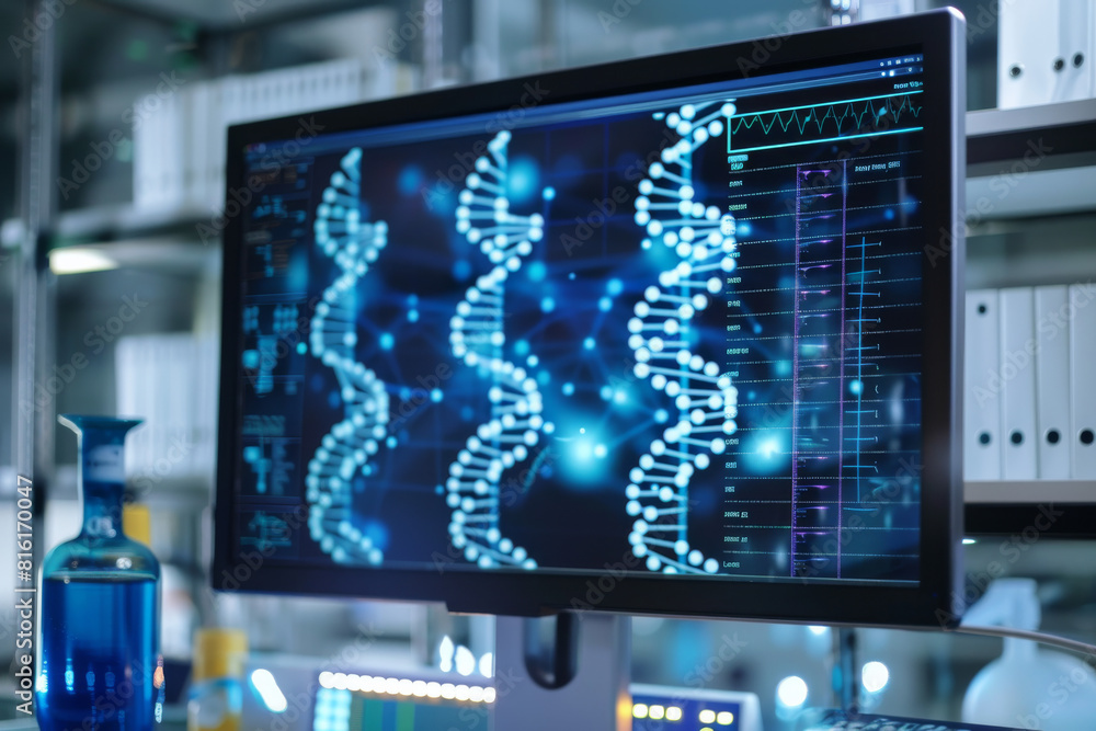 Poster a computer monitor with a display of dna molecules on it