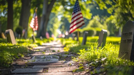 Memorial Day tribute featuring tombstones and Old Glory.