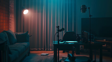Nobody in cozy ambient room with podcast equipment microphone and headphones for interview broadcasting Empty vlogger desk with professional streaming devices to broadcast live talk sh : Generative AI