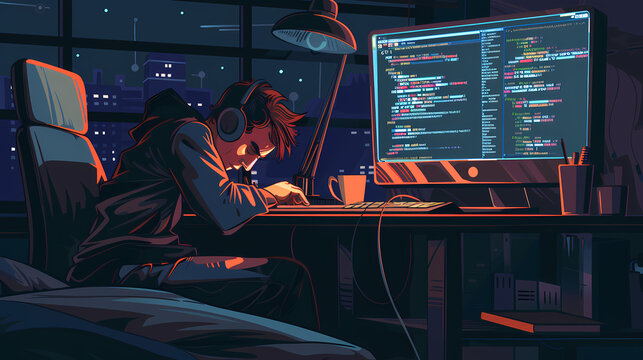Overworked Developer Coding Late at Night
Tired Programmer Working on Computer
Exhausted Coder at Desk with Screen