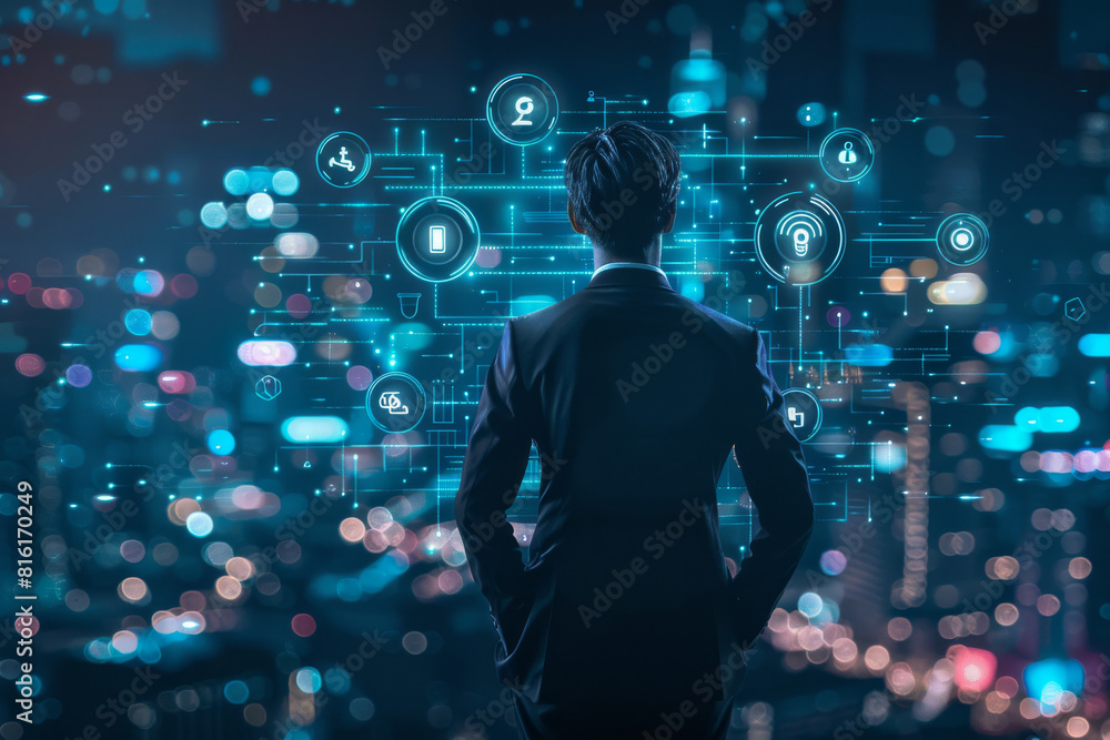 Poster a man in a suit is looking at a computer screen with icons on it