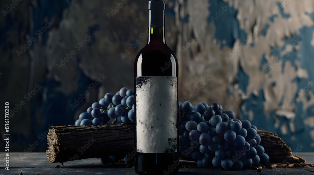 Poster bottle of red wine with old empty label in the background old weathered snag and blue grapes : gener