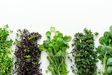 Obraz premium Different fresh microgreens on white background