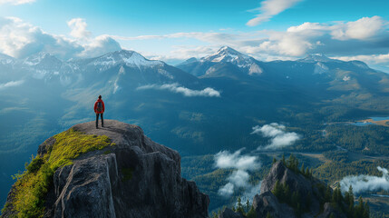 A man stands on a mountain top, looking out over the landscape