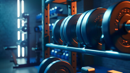 Fototapeta premium Modern light gym Sports equipment in gym Barbells of different weight on rack : Generative AI