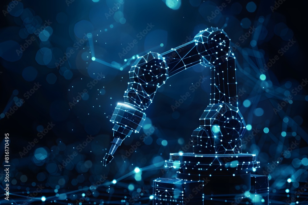 Poster robot balancing on stack of coins against blue background