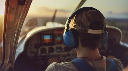Naklejka premium Helicopter pilot in the cockpit of a private plane at sunset, Generative AI illustrations.