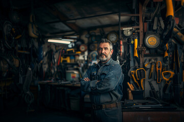 A man stands in a workshop with tools and equipment around him