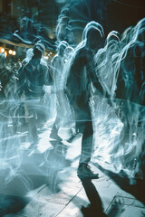 Dynamic image of a breakdancer doing a windmill, with a series of ghostly figures capturing each rotation,