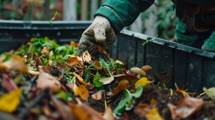 Person wearing gloves throwing food and yard scraps into a residential compost bin. Decomposing organic matter rich in nutrients and beneficial organisms. hyper realistic 