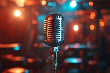 A microphone on a stand in a room