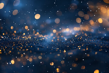 Magic night dark blue sparkling glitter bokeh and light art. Gold confetti and navy background....