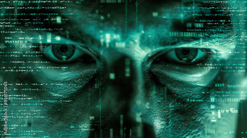 Poster the face of a human being with an array of code stock photo,generative ai