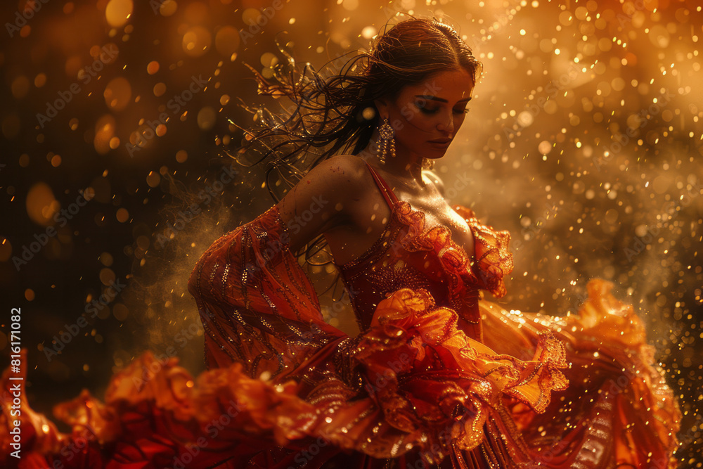 Poster artistic depiction of a flamenco dancer whose dress flows into a river of lava, creating a scene of 