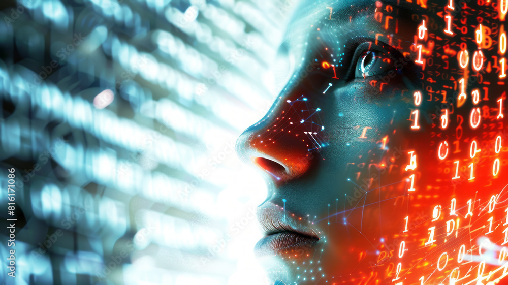 Poster the face of a human being with an array of code stock photo,generative ai
