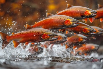 Salmon jumping upstream during spawning season, symbolizing resilience. 