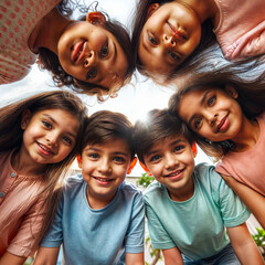 Group portrait of happy kids huddling, looking down at camera and smiling. Low angle, view from below. Friendship concept created with generative ai.