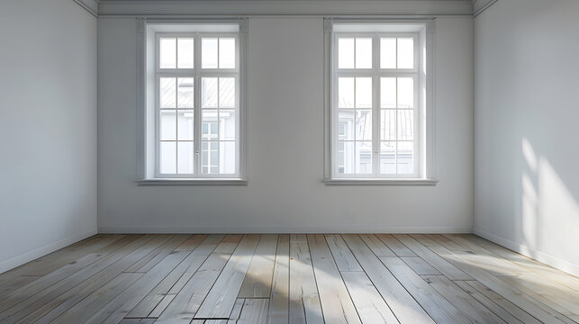 empty room after renovation two windows white walls  and wooden floor in new apartment : Generative AI