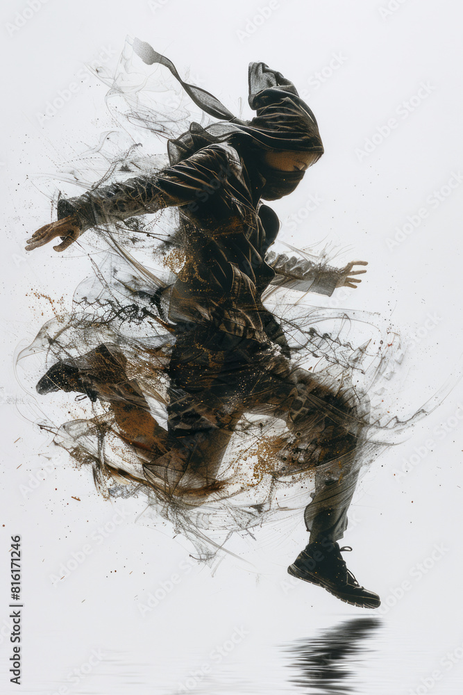 Poster artistic depiction of a modern dancer whose form dissolves into a watercolor painting, blending with