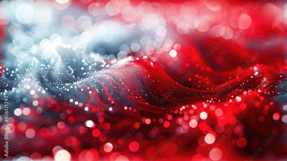 Poster the red white hologram abstract picture in form of the brightly glittering wave that seems like liqu