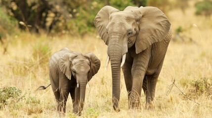 Obraz premium A tender moment between an adult elephant and a young calf, captured in the warm colors of the grassland