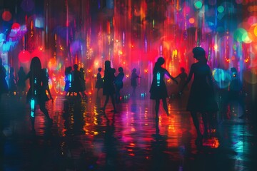 People standing in a vibrant rain shower with lights