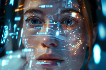 A close up of a woman 's face with a futuristic display on it