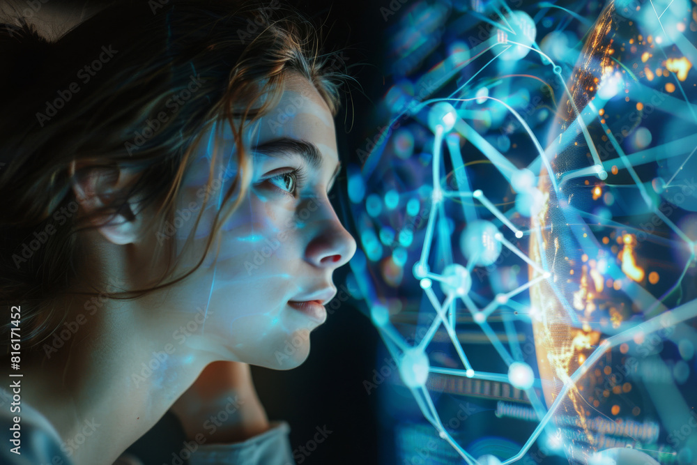 Poster a woman is looking at a computer screen with a globe projected on it