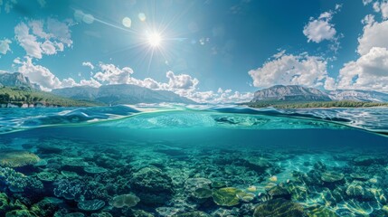 Split underwater view with sunny sky and serene sea hyper realistic 
