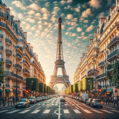 Fototapeta na wymiar Eiffel tower view from the street of Paris concept memorial day, nature view in background created with generative ai.